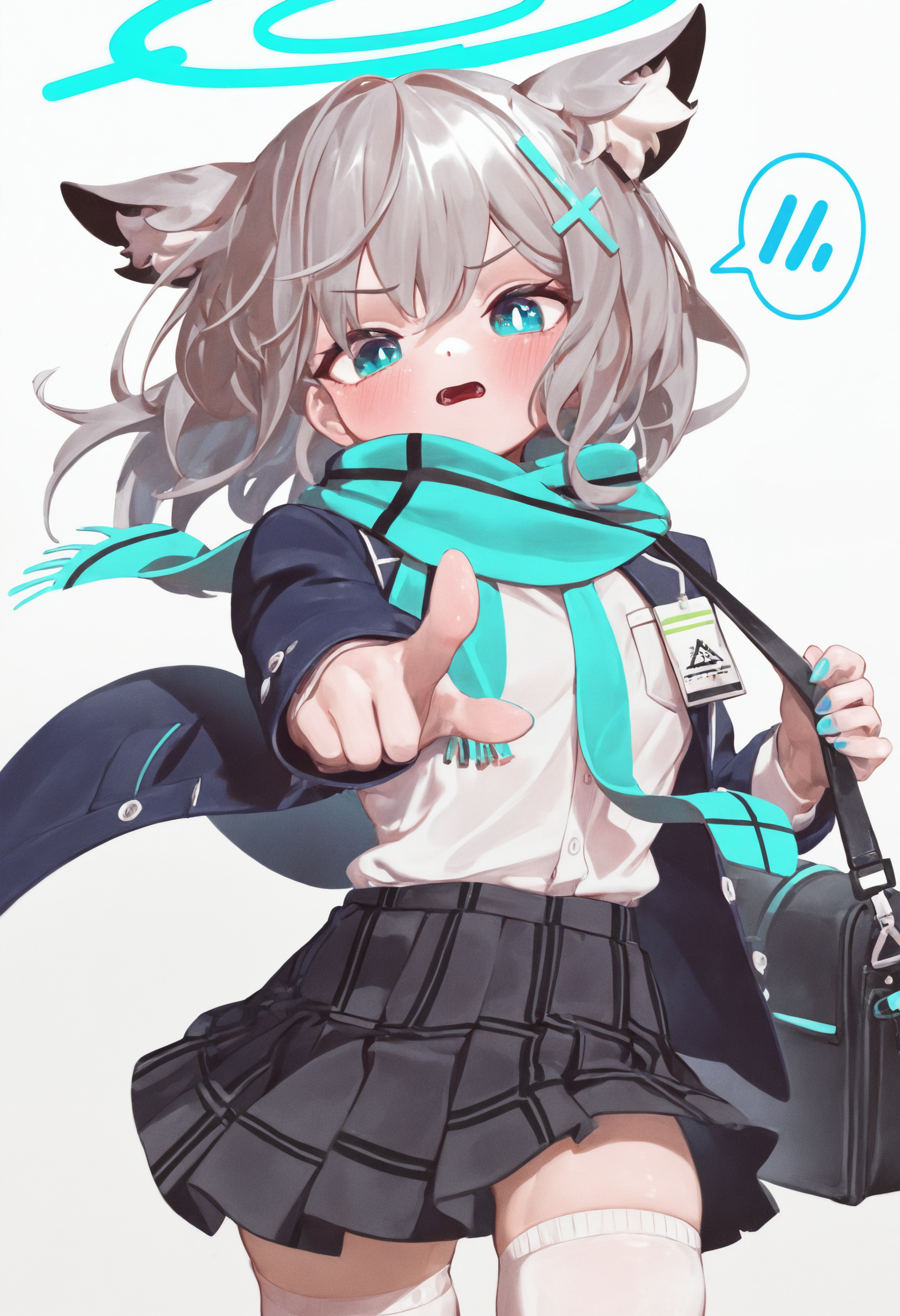 omo-omo2,omo-socratesax,shiroko \(blue archive\), 1girl, solo, looking at viewer, blush, open mouth, blue eyes, simple background, shirt, skirt, long sleeves, hair ornament, white background, thighhighs, animal ears, jacket, school uniform, white shirt, grey hair, pleated skirt, necktie, medium hair, black skirt, nail polish, bag, scarf, white thighhighs, speech bubble, halo, animal ear fluff, v-shaped eyebrows, wolf ears, blue jacket, blazer, pointing, blue nails, blue necktie, blue halo, id card, blue scarf, pointing at viewer, cross hair ornament, mismatched pupils, buttoned cuffs,omo-anon,masterpiece,best quality,newest,absurdres,highres,very awa <lora:None:1.0> <lora:VillainChin_Style:0.9500000000000002>