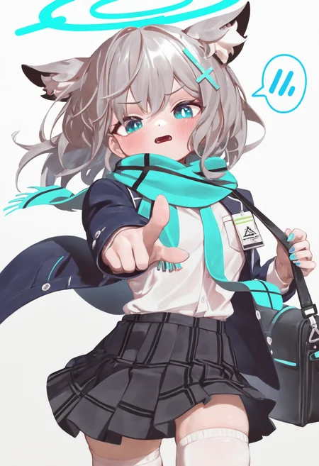 omo-omo2,omo-socratesax,shiroko \(blue archive\), 1girl, solo, looking at viewer, blush, open mouth, blue eyes, simple background, shirt, skirt, long sleeves, hair ornament, white background, thighhighs, animal ears, jacket, school uniform, white shirt, grey hair, pleated skirt, necktie, medium hair, black skirt, nail polish, bag, scarf, white thighhighs, speech bubble, halo, animal ear fluff, v-shaped eyebrows, wolf ears, blue jacket, blazer, pointing, blue nails, blue necktie, blue halo, id card, blue scarf, pointing at viewer, cross hair ornament, mismatched pupils, buttoned cuffs,omo-anon,masterpiece,best quality,newest,absurdres,highres,very awa <lora:None:1.0> <lora:VillainChin_Style:0.9500000000000002>
