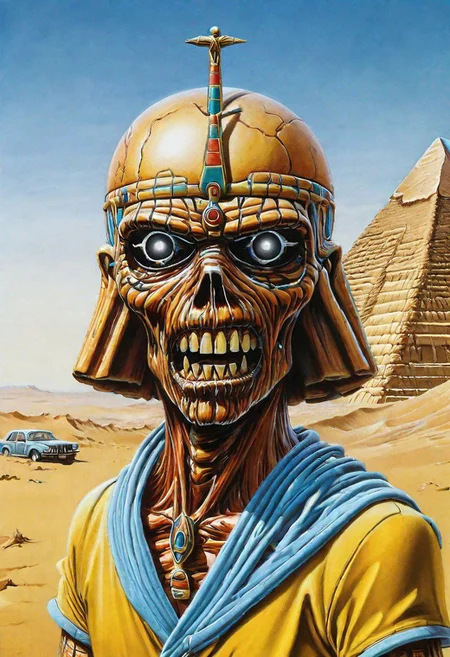 masterpiece, top quality, best quality, highest quality, highest detailed, Simon Stlenhag Style, hmvi style, close up, Ink art of a monster, against an Egyptian background, by Salvador Dali, open mouth, saliva, mummy bandages covering parts of the head and body, holding a gold scepter iron maiden poster 1988, an airbrush painting, full-color illustration
