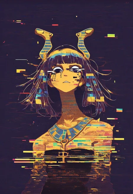Score_9, score_8, score_7, 1girl, solo, zzEgyptian, Egyptian, 2d, gl1tch, glitch,