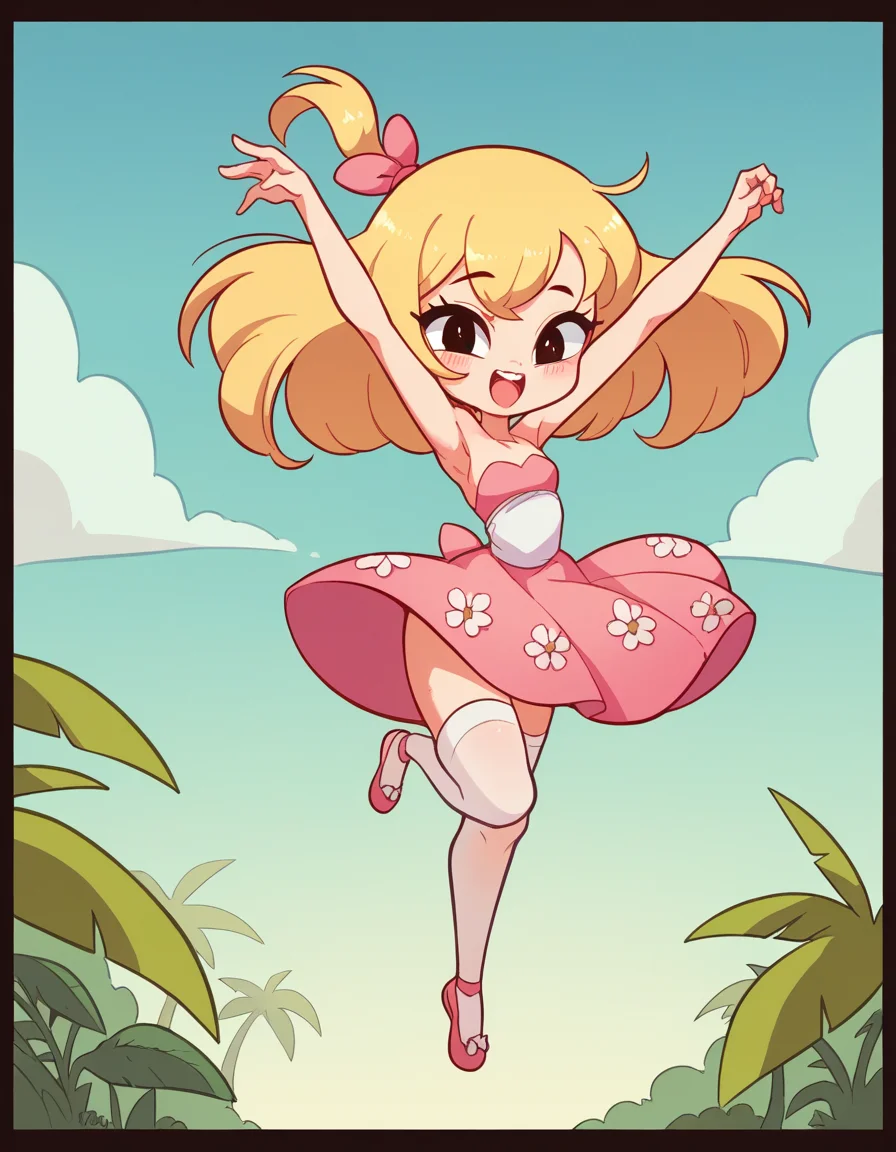zPDXL, score_9, score_8_up, score_7_up, source_anime, 1girl, solo,
<lora:diives_v2-20:1> diives, (portrait), Alice in Wonderland, blonde hair, child, little girl, happy, a-pose, ballerina wearing Tropical-inspired floral print leotard, flowing chiffon skirt, sheer stockings, ballet slippers