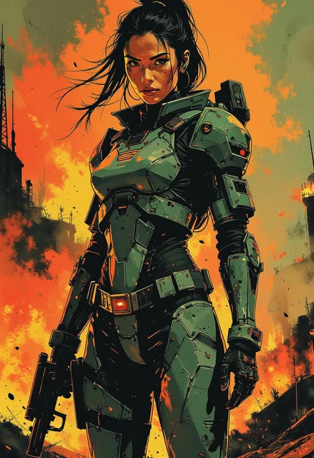 d4rkc0mic, portrait of a stunning chinese female sci-fi soldier, teal power armor, assault weapon, standing in front of burning alien settlement
Text-to-image