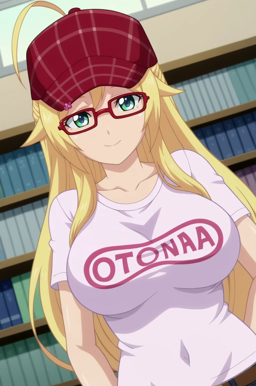 Otona Mitsuki ,anime screencap,1girl,solo,short hair,mature,ahoge,hair ornament, long hair,hairclip,navel,breasts,hat, red-framed eyewear,smile,large breasts,library,consistent background,dutch angle,close up <lora:Otona Mitsuki - PDXL2.safetensors:0.8>