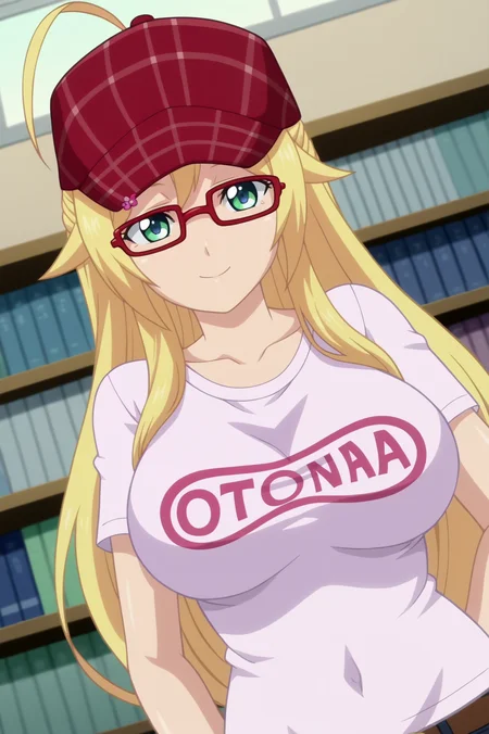 Otona Mitsuki ,anime screencap,1girl,solo,short hair,mature,ahoge,hair ornament, long hair,hairclip,navel,breasts,hat, red-framed eyewear,smile,large breasts,library,consistent background,dutch angle,close up <lora:Otona Mitsuki - PDXL2.safetensors:0.8>