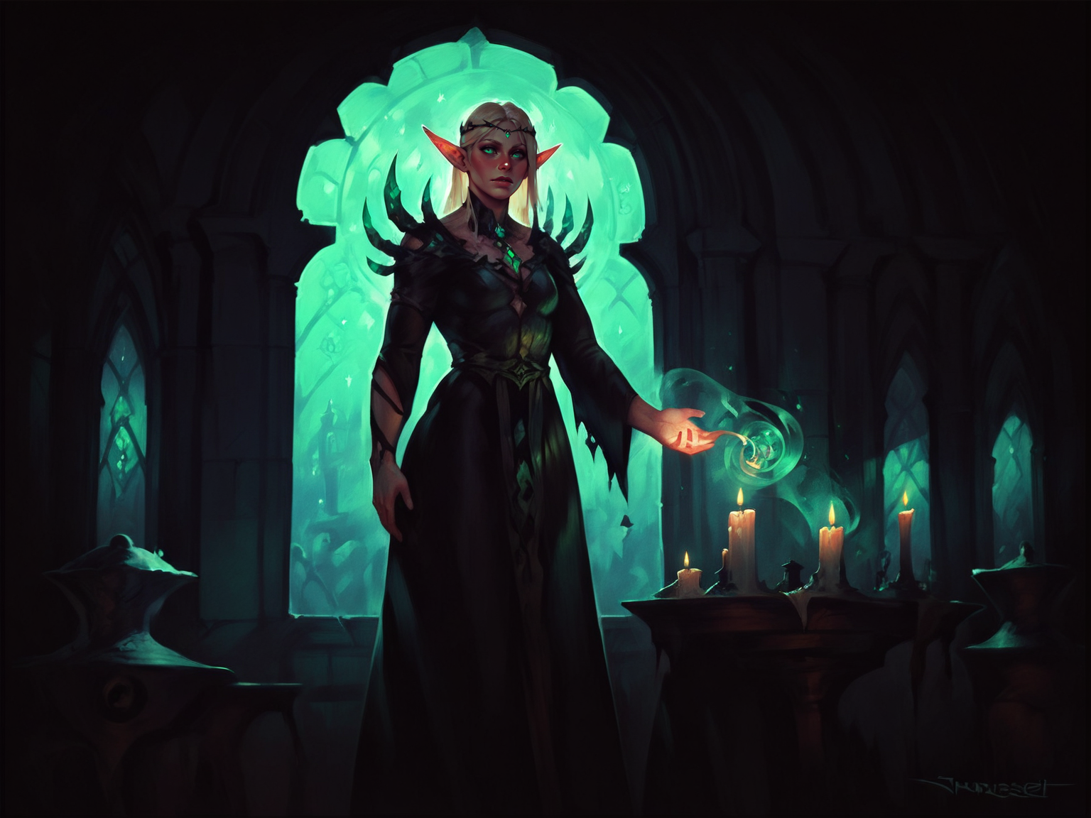 adult woman, elf, green eyes, blonde hair, necromancer, black robe, standing, practicing magic, potions and green crystals on the table, skull, candles, window, dark magic, night, solo, indoors, <lora:JanRockStyle:0.8>, score_9, score_8_up, score_7_up
