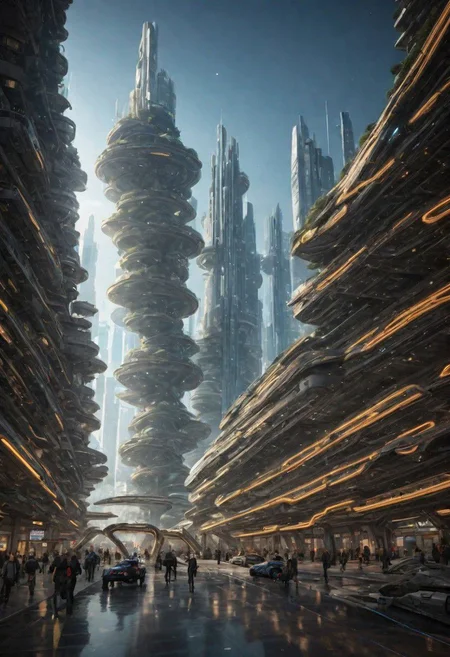 (The imagination of future cities, future buildings, future streets, future vehicles, future mass transportation, future pedestrians:1.3),
Futurism, industrial style, rich light and shadow, scifi, realistic,
(dark fantasy style:1.1),(creeping fog:0.9),
(rich white and gold colors:1.2), (harmonious colors:1.0),
(real landscape:1.1), (blurred background:1.0),
easynegative, BadDream, great lighting, clear, futuresurban