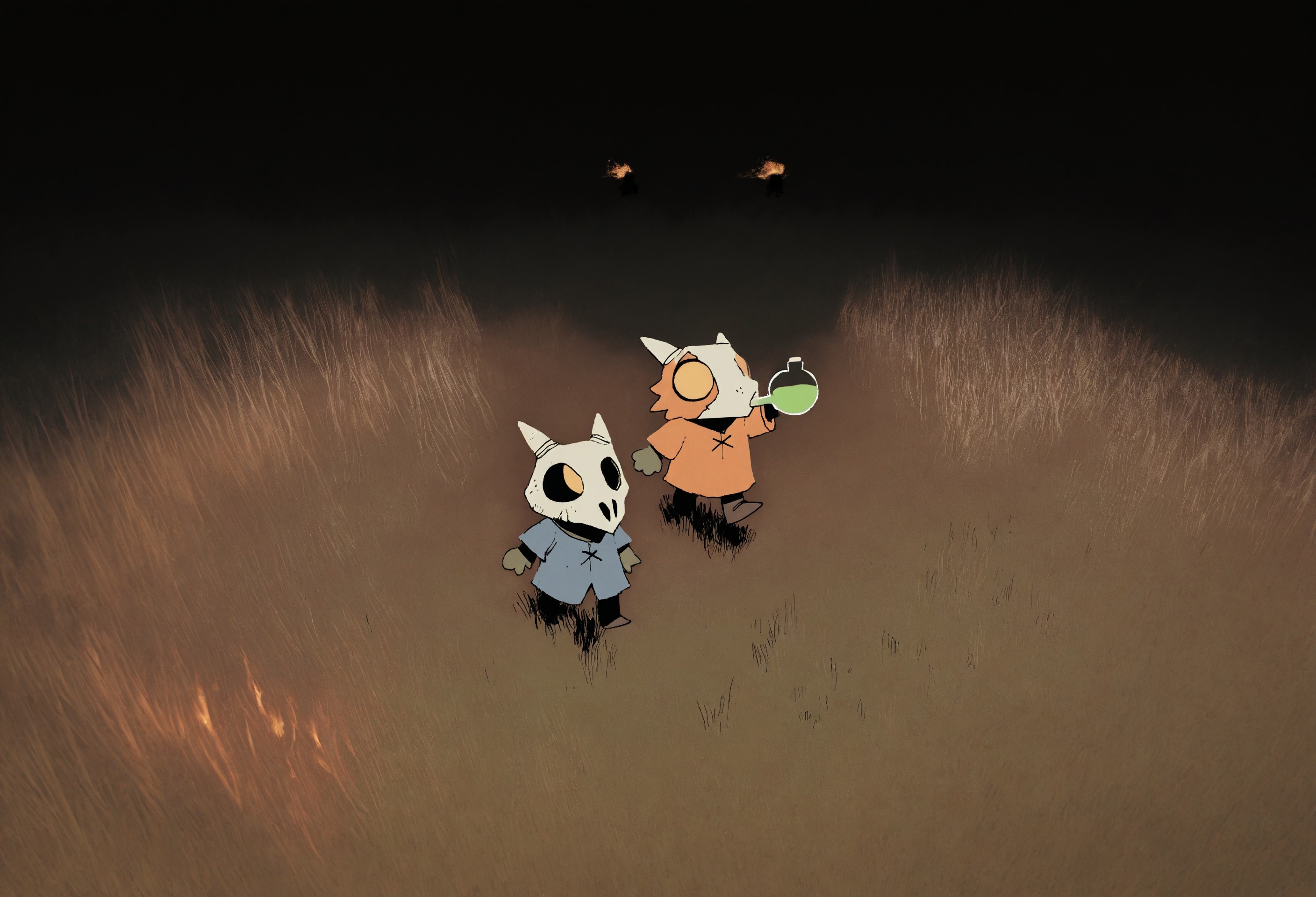 masterpiece, absurdres, incredibly absurdres,best quality, G0zeNA_illu, ROOT,
(2boys), kobold, skull mask, horns, furry, tunic, windy, clothes blowing in the wind, walking, very wide shot,
abstract background, abstract,surreal, dreamscape, surreal, storm, melting thunder, tall grass, from above, looking up, hyper green grass, orange black sky, scenery, realistic background, photo background, drinking potion, fire figures in background,