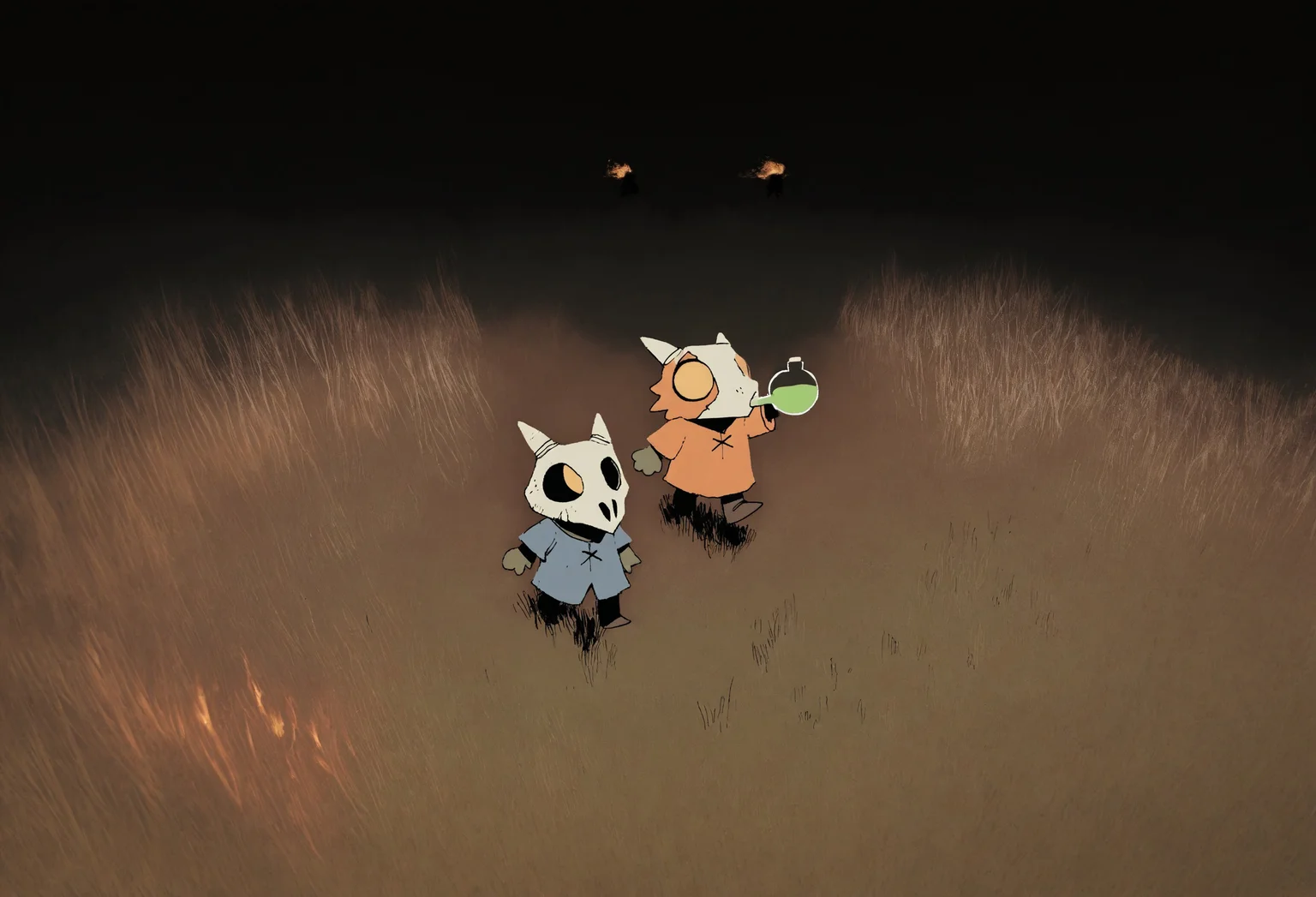 masterpiece, absurdres, incredibly absurdres,best quality, G0zeNA_illu, ROOT,
(2boys), kobold, skull mask, horns, furry, tunic, windy, clothes blowing in the wind, walking, very wide shot,
abstract background, abstract,surreal, dreamscape, surreal, storm, melting thunder, tall grass, from above, looking up, hyper green grass, orange black sky, scenery, realistic background, photo background, drinking potion, fire figures in background,