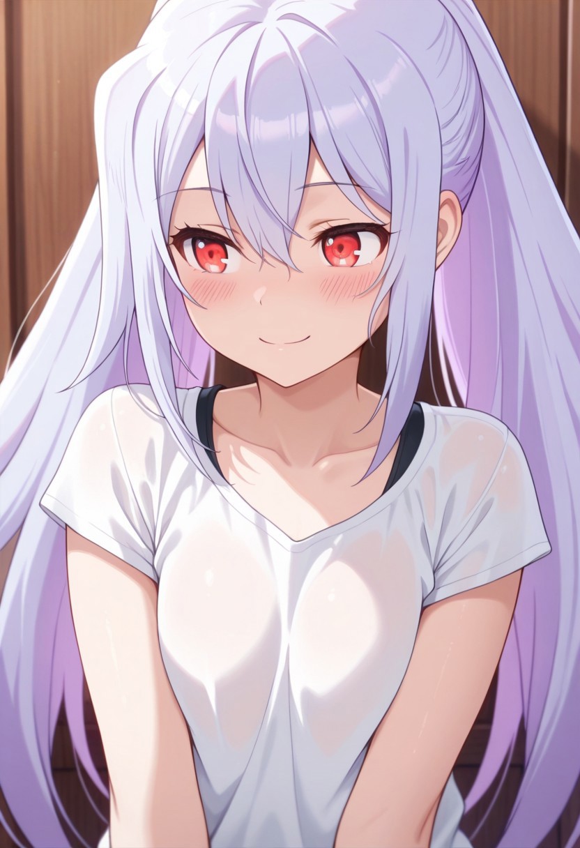masterpiece,best quality,amazing quality, isla, long hair, silver-lavender hair, red eyes, 1girl, solo, twintails, collarbone, short sleeves, smile, blush, upper body