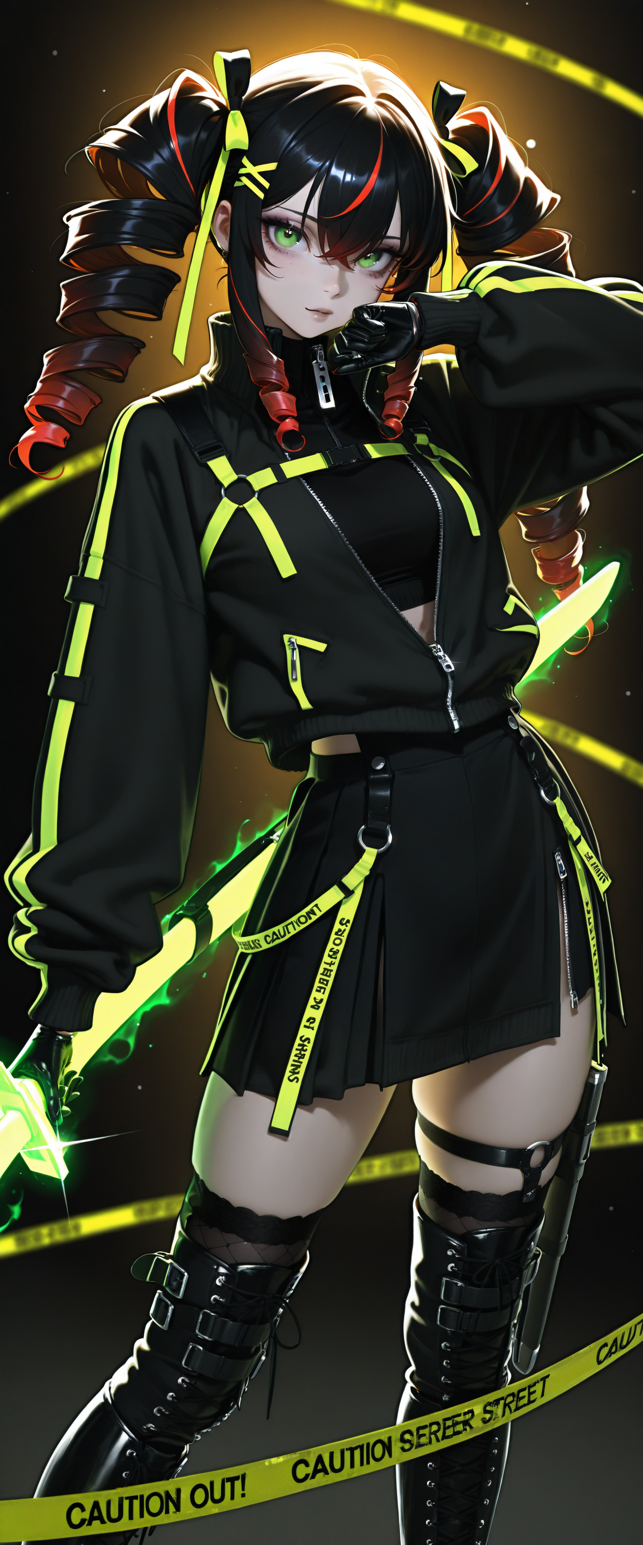 (absurdres, high_quality, newest, incredibly_absurdres, very aesthetic, underlighting, film_grain, blurry_background, bokeh, grainy_texture, glint, magic, magic_user, aura, glowing, vibrant, flat_colors, seductive, dark_theme curvy, cowboy_shot)
(ws-illu, fighting_stance 1girl black_boots black_gloves black_hair caution_tape black_skirt boots coat cyberpunk dress drill_hair full_body fur_trim gloves gradient_background green_eyes street crime_scene chains too_many_straps black_thighhighs hair_between_eyes harness stripes thighhigh_boots hair_ornament hair_ribbon high_collar jacket knee_boots long_hair looking_at_viewer mole mole_under_eye multicolored_hair red_hair ribbon scabbard sheath sheathed skirt solo standing sweater sword track_jacket unzipped very_long_hair weapon zipper)