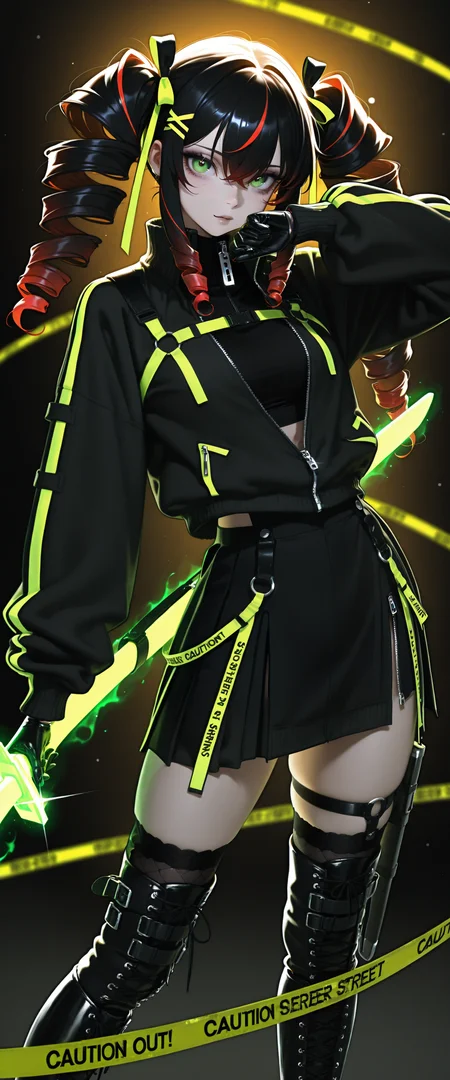 (absurdres, high_quality, newest, incredibly_absurdres, very aesthetic, underlighting, film_grain, blurry_background, bokeh, grainy_texture, glint, magic, magic_user, aura, glowing, vibrant, flat_colors, seductive, dark_theme curvy, cowboy_shot)
(ws-illu, fighting_stance 1girl black_boots black_gloves black_hair caution_tape black_skirt boots coat cyberpunk dress drill_hair full_body fur_trim gloves gradient_background green_eyes street crime_scene chains too_many_straps black_thighhighs hair_between_eyes harness stripes thighhigh_boots hair_ornament hair_ribbon high_collar jacket knee_boots long_hair looking_at_viewer mole mole_under_eye multicolored_hair red_hair ribbon scabbard sheath sheathed skirt solo standing sweater sword track_jacket unzipped very_long_hair weapon zipper)