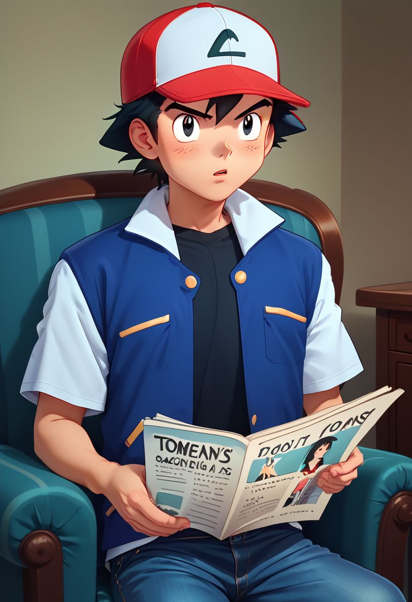 score_9, score_8_up, score_7_up, detailed, high resolution, 
solo, ash3, 1boy, black hair, black eyes, 
red hat, baseball cap, blue jacket, white sleeves, short sleeves, black shirt, jeans, 
TomReadingTheNewspaper, sitting, newspaper, chair, reading, looking at viewer, 
indoors, couch, 
three-quarter angle, 
Expressiveh, zPDXL2,