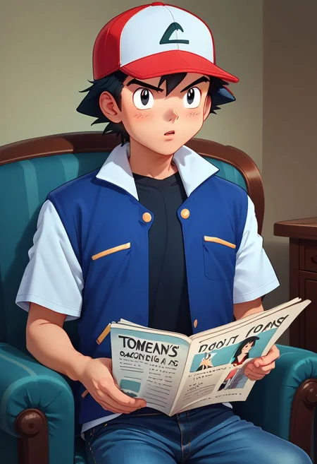 score_9, score_8_up, score_7_up, detailed, high resolution, 
solo, ash3, 1boy, black hair, black eyes, 
red hat, baseball cap, blue jacket, white sleeves, short sleeves, black shirt, jeans, 
TomReadingTheNewspaper, sitting, newspaper, chair, reading, looking at viewer, 
indoors, couch, 
three-quarter angle, 
Expressiveh, zPDXL2,