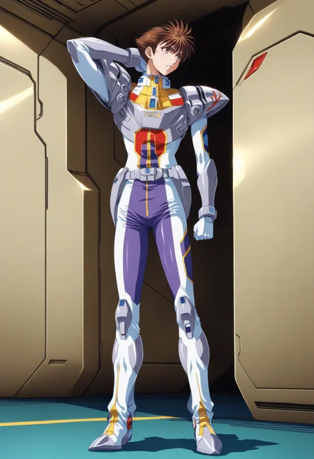 <lora:ryuusei_date>,ryuusei date,1boy,male focus,solo,pilot suit,standing,science fiction,full body,arm behind head,boots,looking to the side,clenched hand,parted lips,indoors,arm up,belt,shoulder pads,masterpiece,high score,great score,absurdres,
