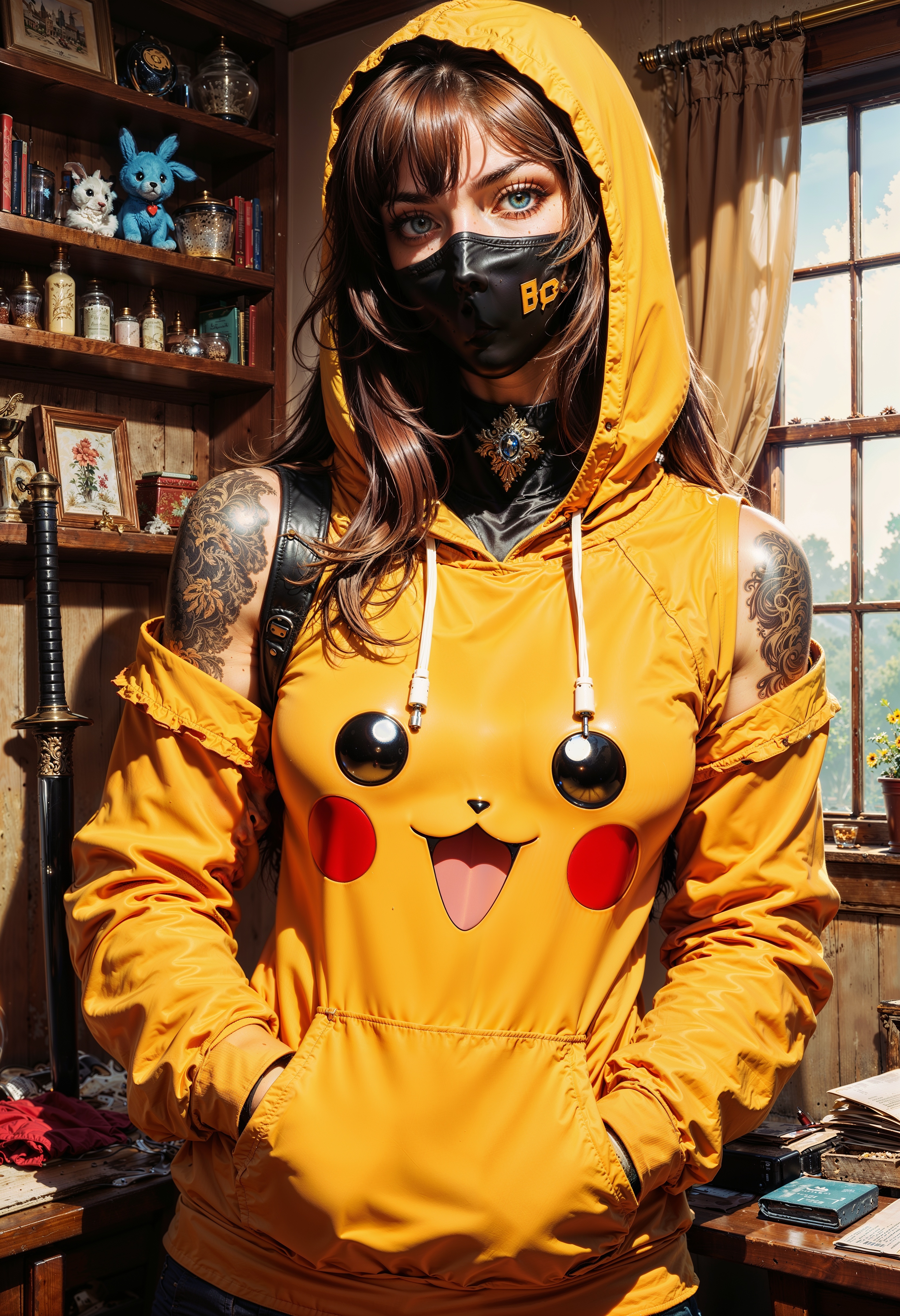 a highly detailed digital illustration of a woman with a mix of anime and realistic art styles. She has fair skin and long, straight, light brown hair with bangs that partially cover her striking blue eyes. She is wearing a yellow Pikachu hoodie with the hood up, which has Pikachu's signature red and black face on the front. The hoodie is off-shoulder, revealing a large, intricate black and grey tattoo sleeve on her left arm. Her attire is complemented by a black face mask covering her nose and mouth, which adds a modern, edgy touch to her look.
She is standing in what appears to be a cozy, cluttered bedroom. The background includes a window with beige curtains on the right side, allowing natural light to filter in. On the left side, there are various items on a shelf, including a small plush toy, a framed picture, and some personal items like a blue plush toy and a few other trinkets. A katana sword is leaning against the wall next to her, adding a touch of mystery and adventure to the scene. The overall color palette is warm and inviting, with soft lighting enhancing the intimate and personal atmosphere of the room.