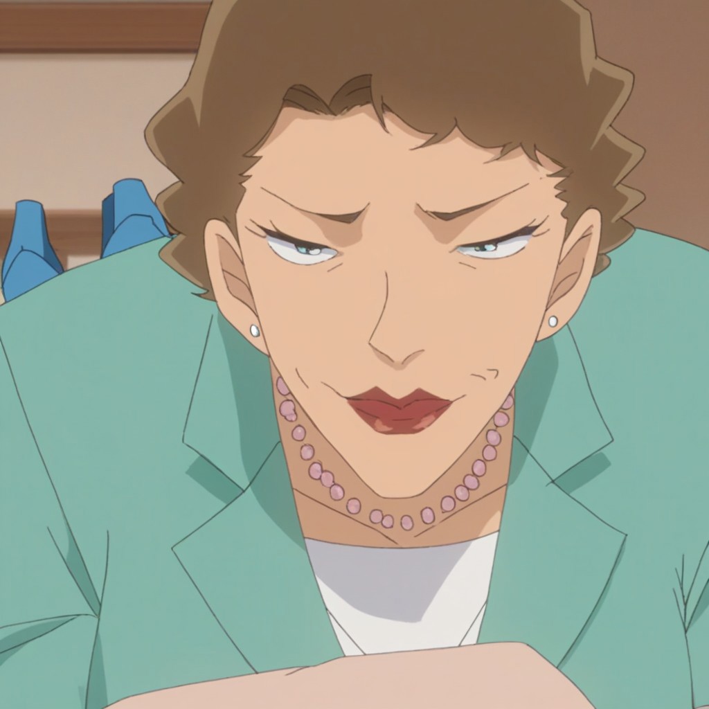 score_9, score_8_up, score_8, score_7_up, score_7, (best quality), Source_cartoon, anime coloring, 1girl, mature female, older woman, solo, Waltz Hohoemi, brown hair, short hair, mature woman, lipstick, makeup, formal, green suit jacket, green pencil skirt, blue heels, earrings, pearl necklace,1girl, living room