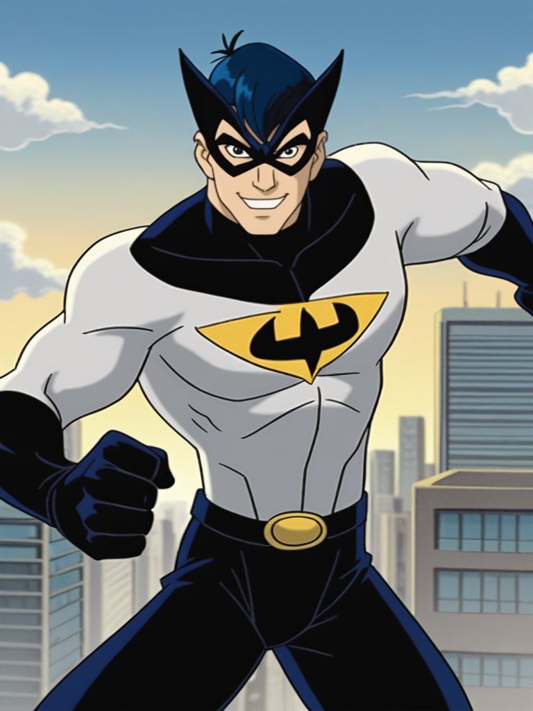 score_9,, 
1boy, superhero costume, muscular male, domino mask, fighting stance, looking at viewer, cowboy shot, dynamic pose, smile, wide shot, solo, portrait, city, clouds, 
XmenEvo, flat color, official style, cartoon style, <lora:AXmenEvolutionXL_Style:1.1>