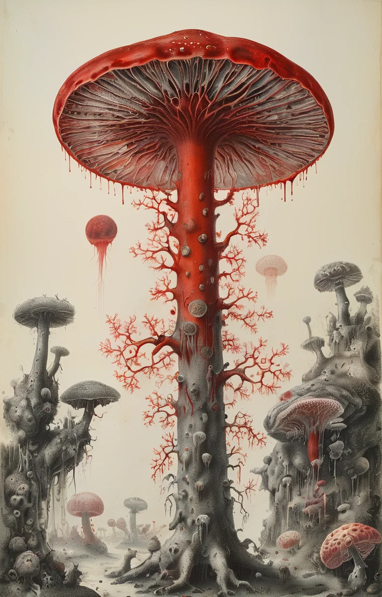 masterpiece,best quality,<lora:tbh248-sdxl:0.7>,illustration,style of Micrographia,spore,blood vessel