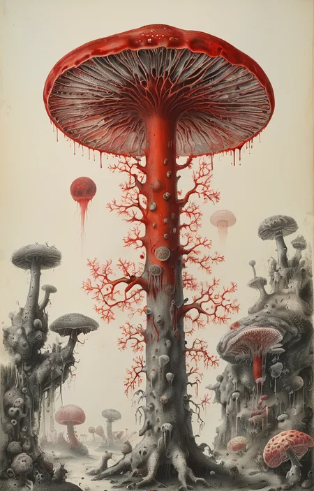 masterpiece,best quality,<lora:tbh248-sdxl:0.7>,illustration,style of Micrographia,spore,blood vessel