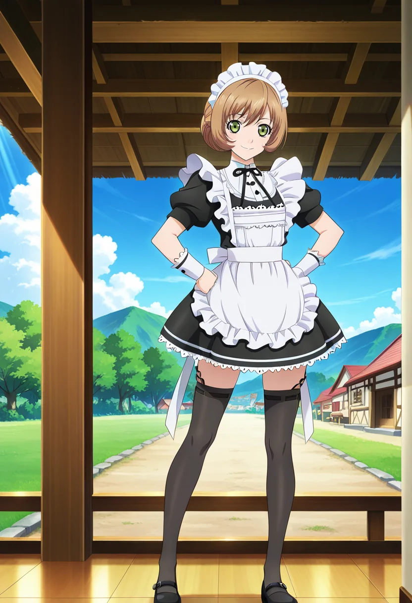 restaurant, village, indoor, trees, day, god rays,
BREAK,
light smile, hand on hip,
full body, dynamic angle,
BREAK,
<lora:leiax2_illustriousXL_v01:0.9>
leiarnd, leiamaid, maid, short dress, puffy sleeves, short sleeves, apron, brown hair, green eyes, bob cut, short hair, black thighhighs, black mary janes,, source_anime, very aesthetic, anime coloring, masterpiece,
best quality, amazing quality, ultra detailed, very aesthetic,
detailed background,
BREAK,