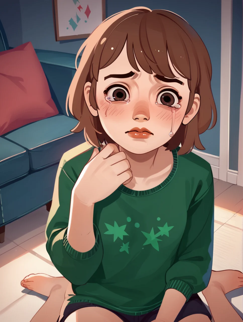 zPDXL3,  psaquinn, 1girl, solo, short hair, brown hair, brown eyes, green shirt,<lora:PSA_Quinn-000010:1>  crying, looking at viewer, blushing, sitting, pov, living room, blue background