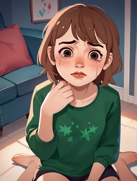 zPDXL3, psaquinn, 1girl, solo, short hair, brown hair, brown eyes, green shirt,<lora:PSA_Quinn-000010:1> crying, looking at viewer, blushing, sitting, pov, living room, blue background
