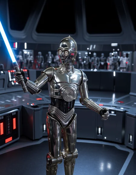 realistic photo of c3po robot holding a lighsaber standing on the be bridge of a star destroyer, sharp focus, highly detailed, photoshoot, cinematic, star wars style, <lora:C3PO:1> <lora:Imperial_Star_Destroyer_Main_Bridge_Flux:1>