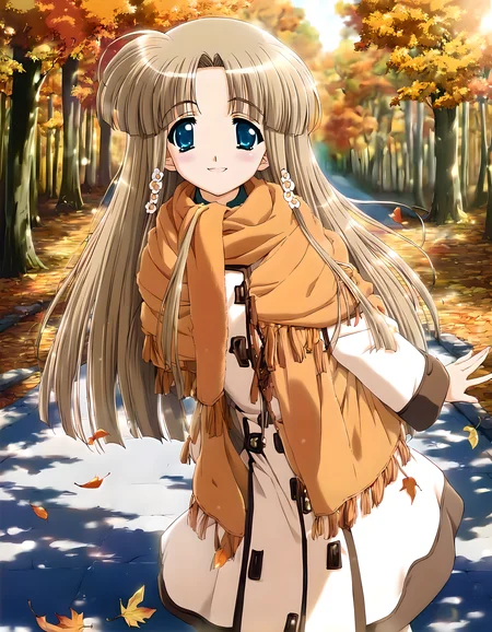 <lora:pony_xl_amu:0.9>,amu,score_9,score_8_up,score_7_up,source_anime,best quality,masterpiece,super fine illustration,1girl,solo,long_coat,long sleeves,scarf,shawl,poncho,fringe trim,rim light,light leaks,lens flare,available light,in autumn,(autumn maple forest:1.3),(very few fallen leaves),(path),day,grove,sky,the tree of the maple,the leaves of the maple,cowboy_shot,looking_at_viewer,depth of field,bokeh,standing,happy,smile,:d,leaning_forward,