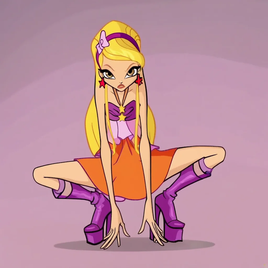score_9, score_8_up, score_7_up, winx club season 5, stella, blonde hair, long hair, yellow eyes, 1girl,boots, jewelry, earrings, hairband, star earrings, high heels, knee boots, purple footwear, purple hairband, orange dress, bare shoulders, looking at viewer, squatting, front view, spreading legs, platform heels, simple background