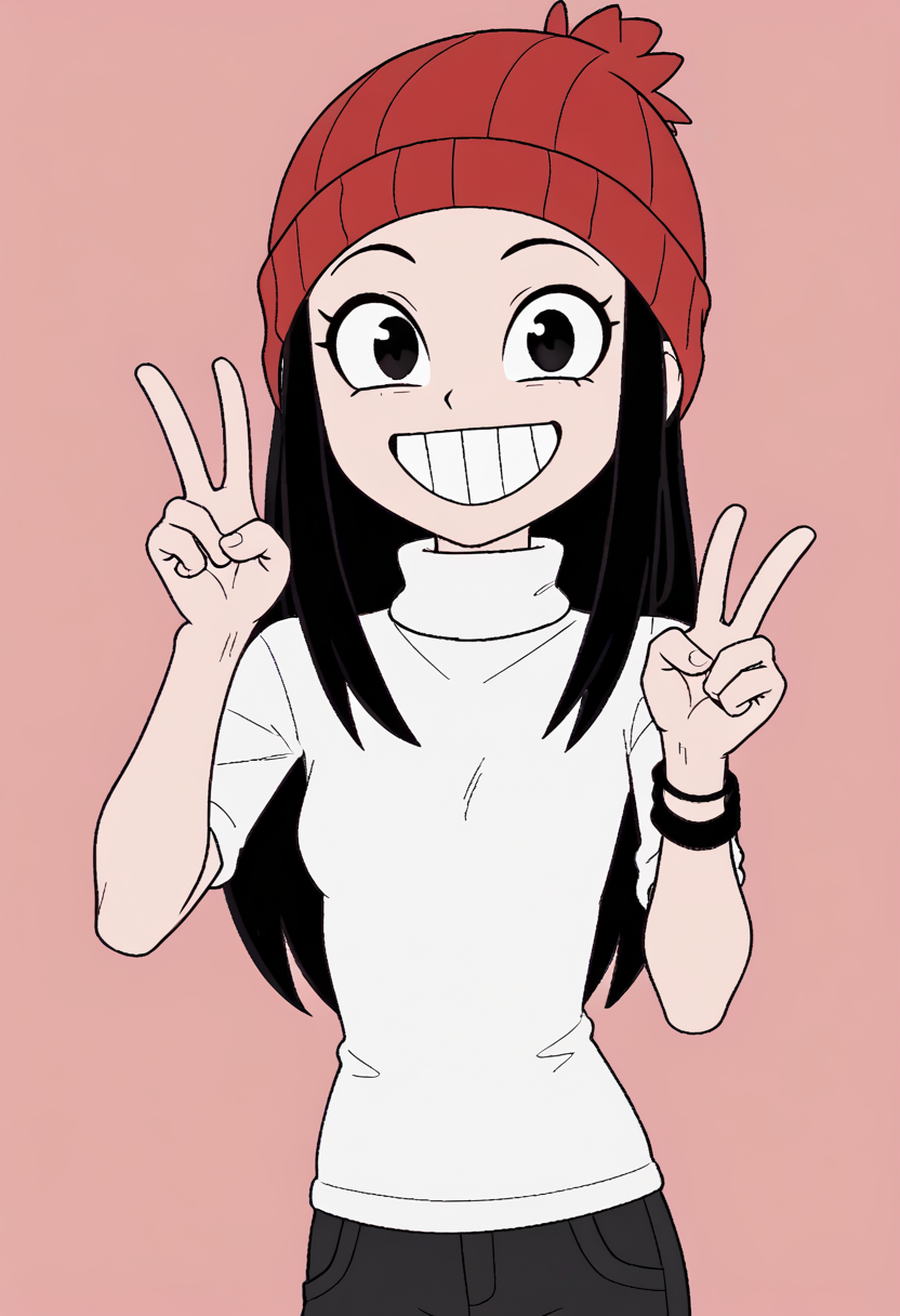 <lora:FlatColor:1.2> flat color, 
1girl, wearing a red beanie, skinny, small breasts, wearing a white turtleneck, v sign, smile,