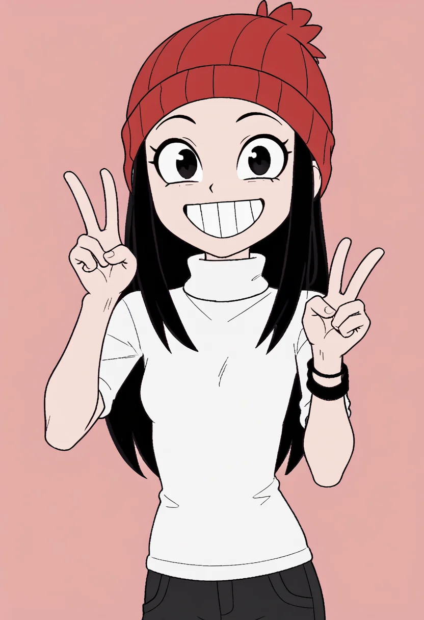 <lora:FlatColor:1.2> flat color,
1girl, wearing a red beanie, skinny, small breasts, wearing a white turtleneck, v sign, smile,