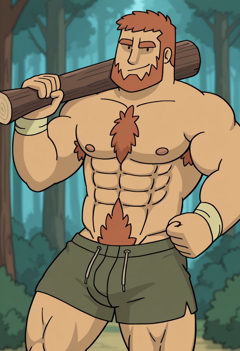 detailed background, detailed background, masterpiece, perfect quality, best quality, detailed, newest, very aesthetic, GregorRMA, facial hair, short hair, holding a big log over shoulder, bara, solo, beard, smile, orange hair, 1boy, male focus, forest background, chest hair, pubic hair, underwear shorts, looking at viewer, smirk, pectorals, abs, muscular,