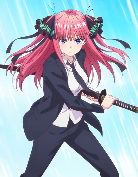 masterpiece, best quality, newest, absurdres, highres, safe,, <lora:nino-nakano-s1-ponyxl-lora-nochekaiser:1>, nino nakano, long hair, bangs, blue eyes, hair ornament, hair ribbon, pink hair, blunt bangs, two side up, butterfly hair ornament, large breasts, anime screencap, <lora:battoujutsu-stance-illustriousxl-lora-nochekaiser:1>, battoujutsu stance, looking at viewer, holding, weapon, sword, holding weapon, holding sword, standing, katana, sheath, sheathed, fighting stance, ready to draw, shirt, long sleeves, jacket, white shirt, necktie, collared shirt, pants, black jacket, floating hair, black pants, formal, suit, black necktie, black suit, pant suit,, ,