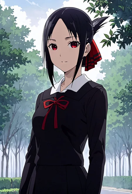 kaguya, bangs, black hair, red eyes, sidelocks, shinomiya kaguya, folded ponytail, parted bangs, hair ribbon, ribbon, red ribbon, dress, black dress, school uniform, shuuchiin academy school uniform, best quality, masterpiece, original, extremely detailed wallpaper, mystical fog, (looking at viewer), 1girl, solo, poker card, red hearts, FFCB, Anime, Simple Anime, card on hand, (black background, blurred background, smile, red aura), dominant pose, fog, shiny eyes,