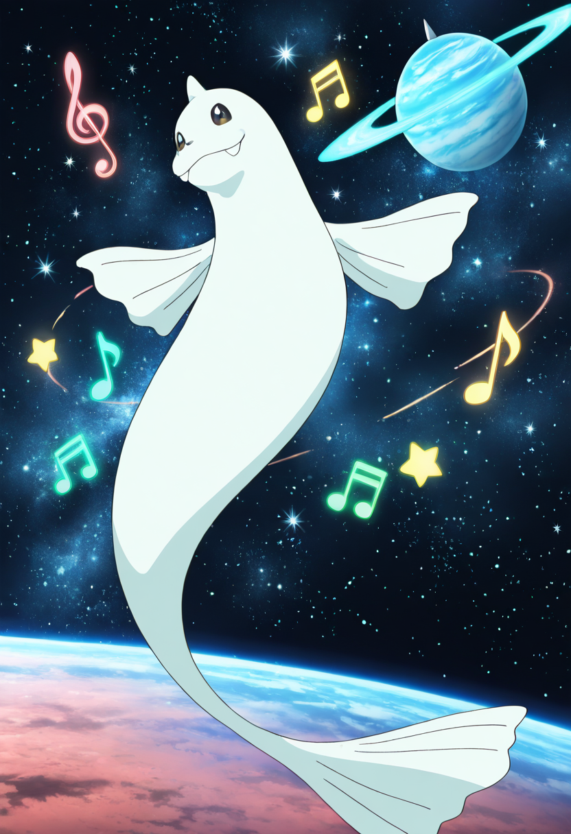 masterpiece, best quality, anime screencap, solo,   zzDewgong, space, floating, stars, planets, music notes,     ,<lora:DewgongPokedex_IXL_v1:1.0>,