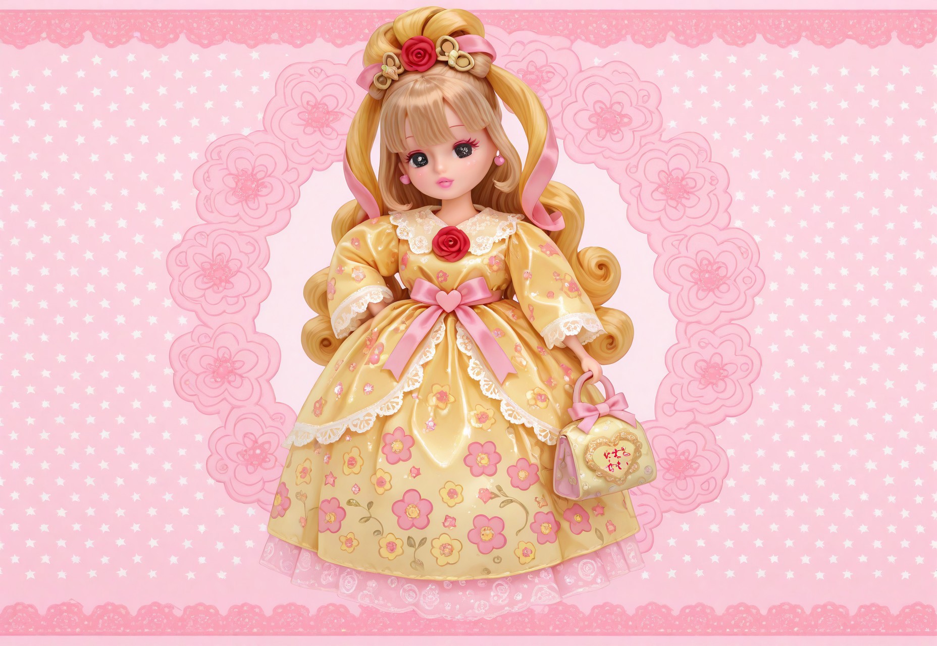((fullbody)) 1girl, solo, ((Licca-chan : 1.2)), moe, kawaii, cute, doll, doll joints, big black eyes, detailed lips, makeup, hands on hips, holding, holding purse, fashion, ((doll_clothes)), (princess), yellow gown, ((yellow ornate floral print puffy gown with ribbons and rococo lace trim)), accessories, hair ornaments, too many hair ornaments, simple background, print background, pastel background, (pastel pink floral patterned background), colorful floral print background, red roses, bubbles, text, text captions, ((Japanese text)), wide shot, pastel colors, hearts, star (symbol), music notes, sparkles, glitter