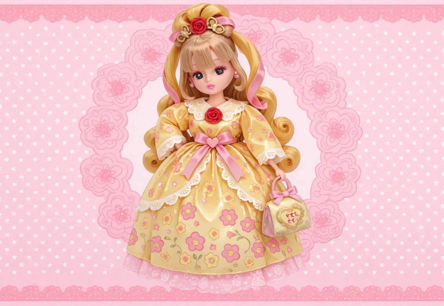 ((fullbody)) 1girl, solo, ((Licca-chan : 1.2)), moe, kawaii, cute, doll, doll joints, big black eyes, detailed lips, makeup, hands on hips, holding, holding purse, fashion, ((doll_clothes)), (princess), yellow gown, ((yellow ornate floral print puffy gown with ribbons and rococo lace trim)), accessories, hair ornaments, too many hair ornaments, simple background, print background, pastel background, (pastel pink floral patterned background), colorful floral print background, red roses, bubbles, text, text captions, ((Japanese text)), wide shot, pastel colors, hearts, star (symbol), music notes, sparkles, glitter