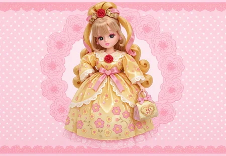 ((fullbody)) 1girl, solo, ((Licca-chan : 1.2)), moe, kawaii, cute, doll, doll joints, big black eyes, detailed lips, makeup, hands on hips, holding, holding purse, fashion, ((doll_clothes)), (princess), yellow gown, ((yellow ornate floral print puffy gown with ribbons and rococo lace trim)), accessories, hair ornaments, too many hair ornaments, simple background, print background, pastel background, (pastel pink floral patterned background), colorful floral print background, red roses, bubbles, text, text captions, ((Japanese text)), wide shot, pastel colors, hearts, star (symbol), music notes, sparkles, glitter