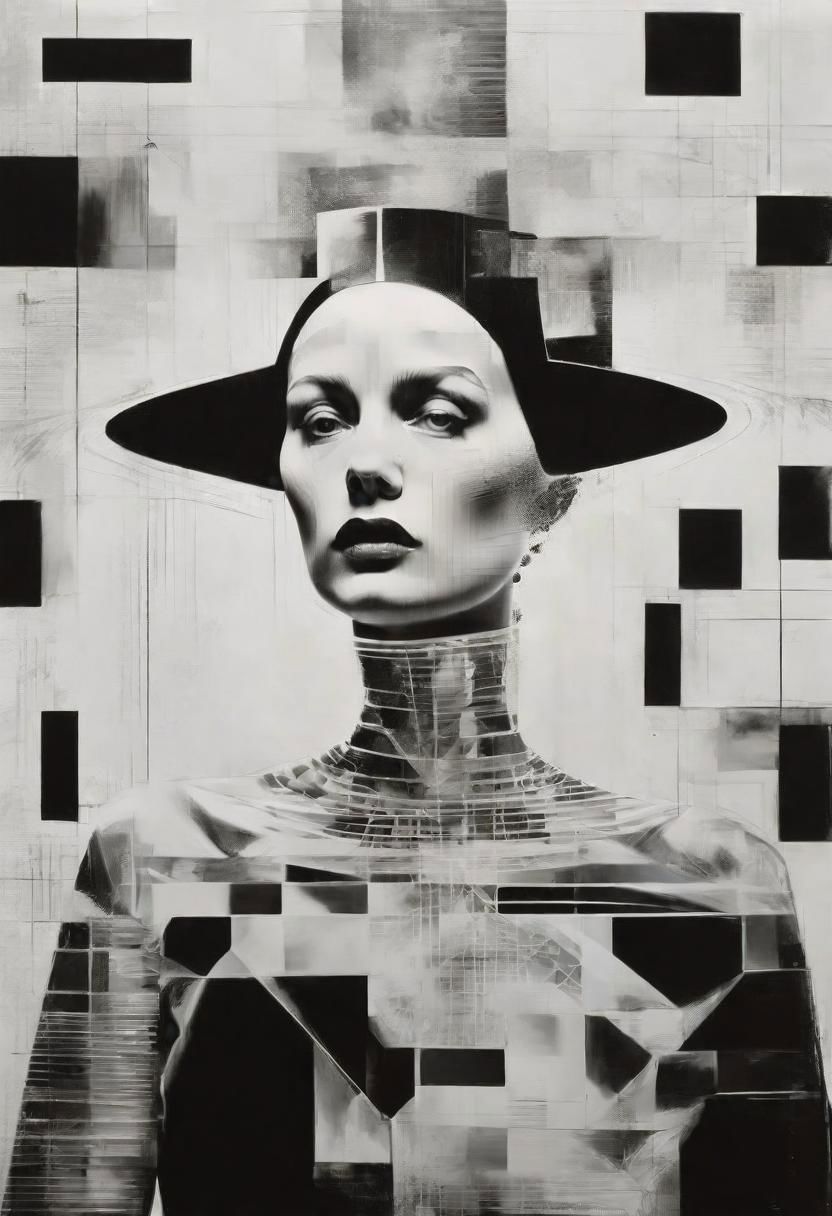 Monochrome black and white, Dali, Magritte, Delvaux, Bellmer, Malevitch, Rodchenko, Mondrian, Kandinsky, Popovna, psychedelic hallucination, pop surrealism, rough crosshatch drawing pop art Lunatic_Portrait of a young girl in latex, slick back, low bun, black makeup, sinister expression, intense glare, avant-garde, abstract, weird, geometric, constructivism, suprematism, rayonism, verticism, lineism, tj