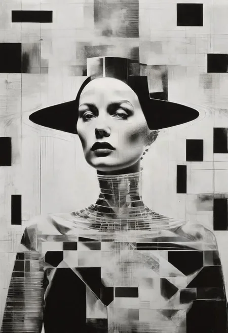 Monochrome black and white, Dali, Magritte, Delvaux, Bellmer, Malevitch, Rodchenko, Mondrian, Kandinsky, Popovna, psychedelic hallucination, pop surrealism, rough crosshatch drawing pop art Lunatic_Portrait of a young girl in latex, slick back, low bun, black makeup, sinister expression, intense glare, avant-garde, abstract, weird, geometric, constructivism, suprematism, rayonism, verticism, lineism, tj