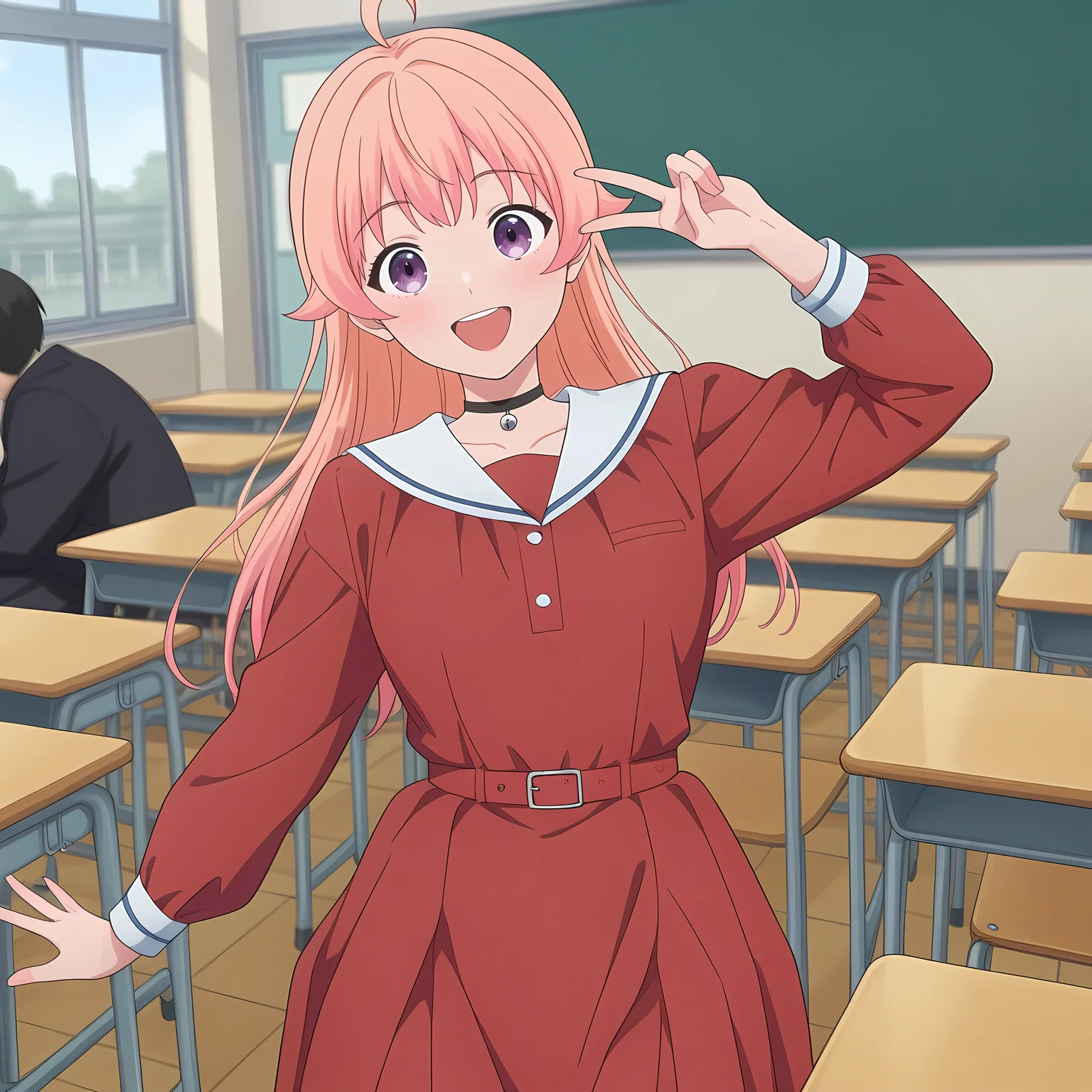 1girl,
school desk, in school, crowded classroom, V,
<lora:NicoWakatsuki:1> nicowakatsuki, long hair, pink hair, purple eyes, choker, dress