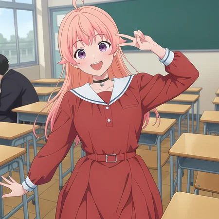 1girl,
school desk, in school, crowded classroom, V,
<lora:NicoWakatsuki:1> nicowakatsuki, long hair, pink hair, purple eyes, choker, dress