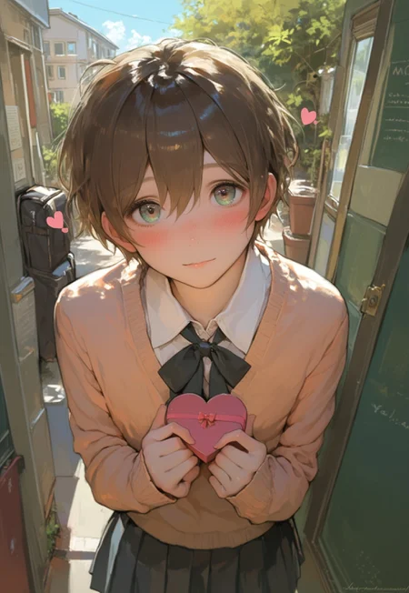 score_9, score_8_up, score_7_up, score_6_up, 1girl, beautiful, cute, kawaii, young woman, Japanese school uniform, she holding Love message give it to the viewer, little hearts above the head, blushing, (shy:0.9), (confounded:0.6), male pov, detailed background, source_anime, anime, corridor behind building, corridor, behind school, Valentine's atmosphere, hearts, male pov, she leaning forward to pov, outdoors, standing, sfw,