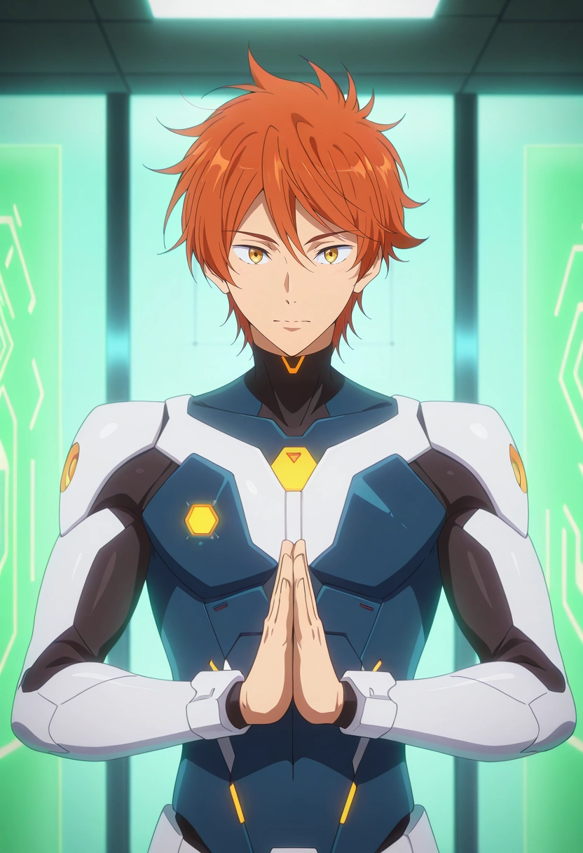 masterpiece, best quality, , anime screencap, anime coloring, , looking at viewer, 1boy, solo, male focus, <lora:momotarou_mikoshiba_ilxl:0.98>, momotarou_mikoshiba, orange hair, yellow eyes, tech sanctuary, robot temples, data gardens, virtual paths, meditation pose, peaceful expression, artificial lighting,