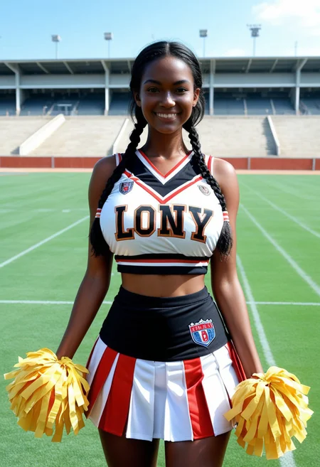 professional photography, an analog film photo of a beautiful 19yo ebony woman with black hair and black eyes wearing cheerleader outfit,  cheerleader, african woman, hair into two braid, detailed, 8k, soft focus, 35mm  , young woman, smirking, front view, (((waist shot))), outdoor, football field ,