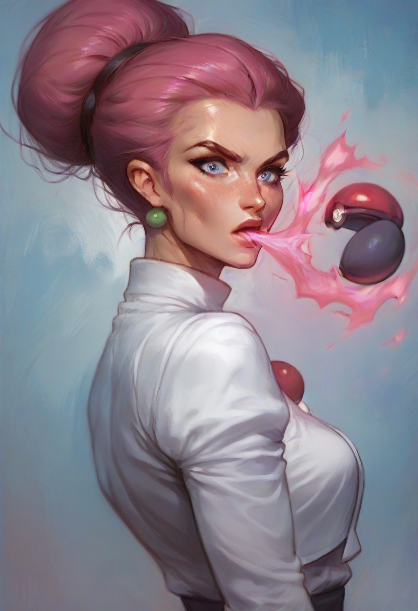 score_9, score_8_up, score_7_up, score_6_up, EPpkJessie, pokeball capture, energy conversion, pink glow, master ball,   open pokeball, sucking into pokeball,  surprised, looking at viewer, solo,