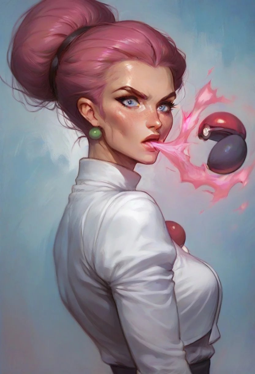 score_9, score_8_up, score_7_up, score_6_up, EPpkJessie, pokeball capture, energy conversion, pink glow, master ball, open pokeball, sucking into pokeball, surprised, looking at viewer, solo,
