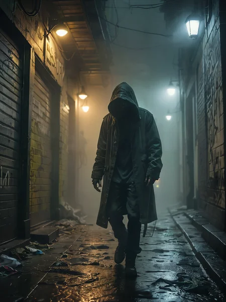 award winning photo, highly detailed,

Against a swirling mist a silent thief emerges from a dank and murky fog between buildings that lean closely over him. Closeup, graffiti, neon lights, caustic colors,