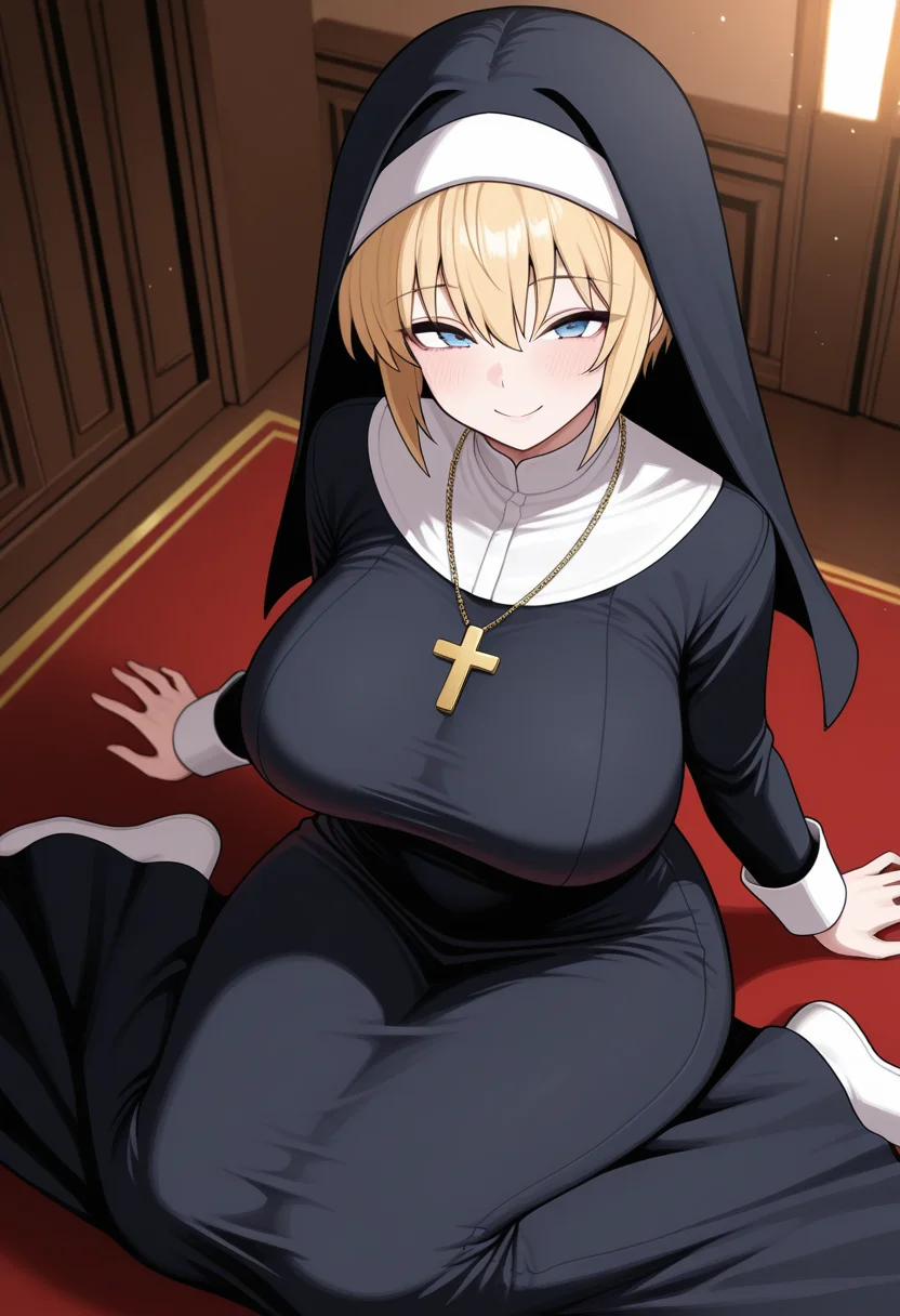 masterpiece, best quality, amazing quality, 1girl, solo focus, isenunww, blue eyes, blonde hair, short hair, large breasts, nun dress, long dress, long sleeves, cross necklace, <lora:Isekai_no_Onnatachi_Nun_ill:1>, from above, sitting, wariza, looking at viewer, smile, indoors, skindentation, detailed clothing folds, depth of field, sharp, high contrast, dynamic light