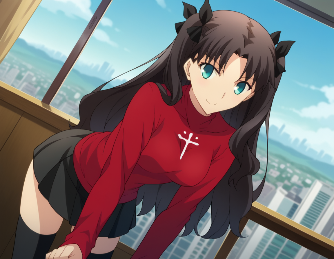 score_9, score_8_up, score_7_up, source_anime,
rintohsaka, <lora:rin-tohsaka-ubw-ponyxl-lora-nochekaiser:1>,
rin tohsaka, aqua eyes, black hair, hair ribbon, long hair, ribbon, sidelocks, two side up, parted bangs,
black skirt, black thighhighs, long sleeves, miniskirt, pleated skirt, red sweater, skirt, sweater, thighhighs, turtleneck,
indoors, cityscape, smile, bent over,
looking at viewer, dutch angle, cowboy shot,